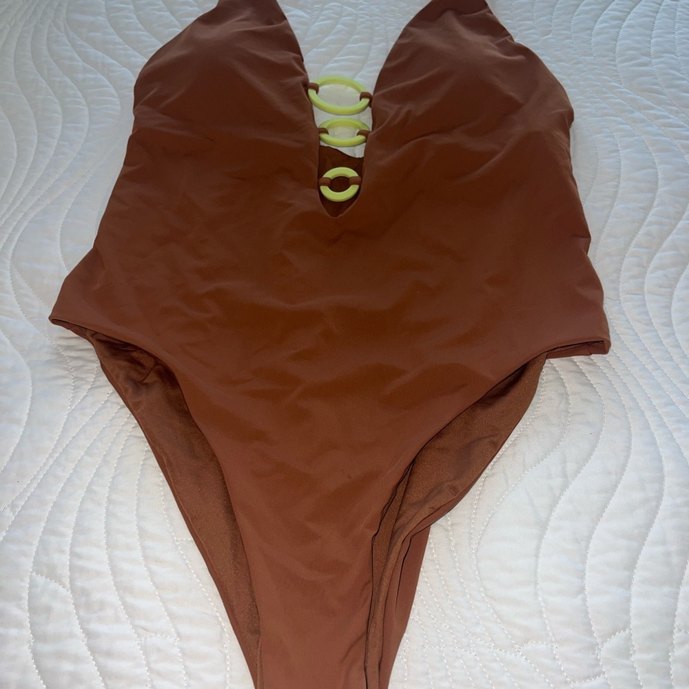 Zara Brown One-Piece Swimsuit with Lime Accent Rings